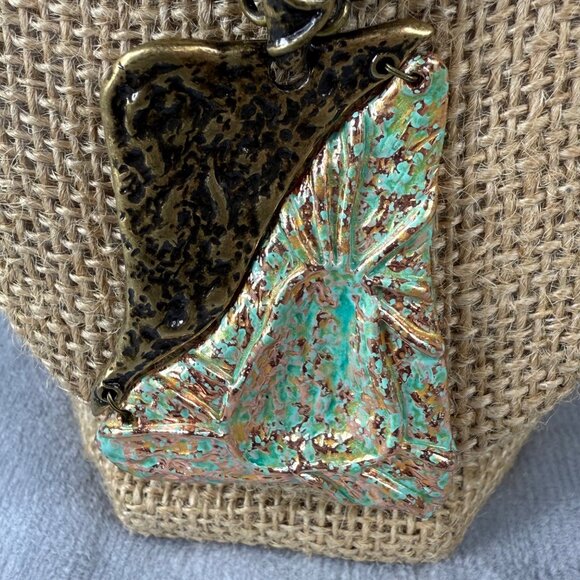 Green & Bronze Pendant Necklace Textured Metal Design on Chain 18 Inches Long - Picture 4 of 16
